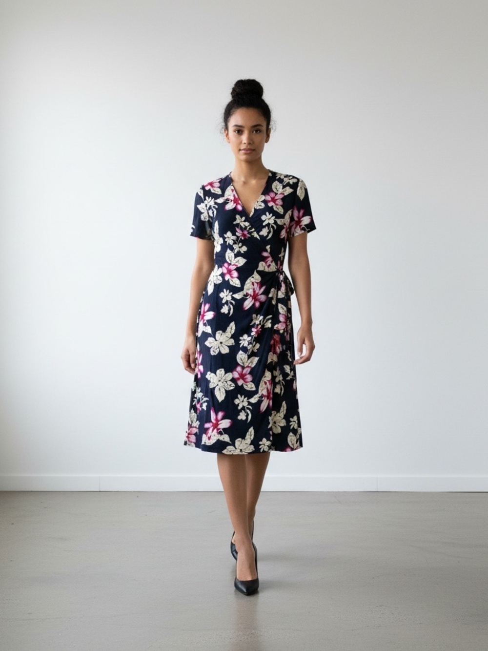 Adrianne Papell Safe Silk Navy Floral Faux Wrap Dress 10